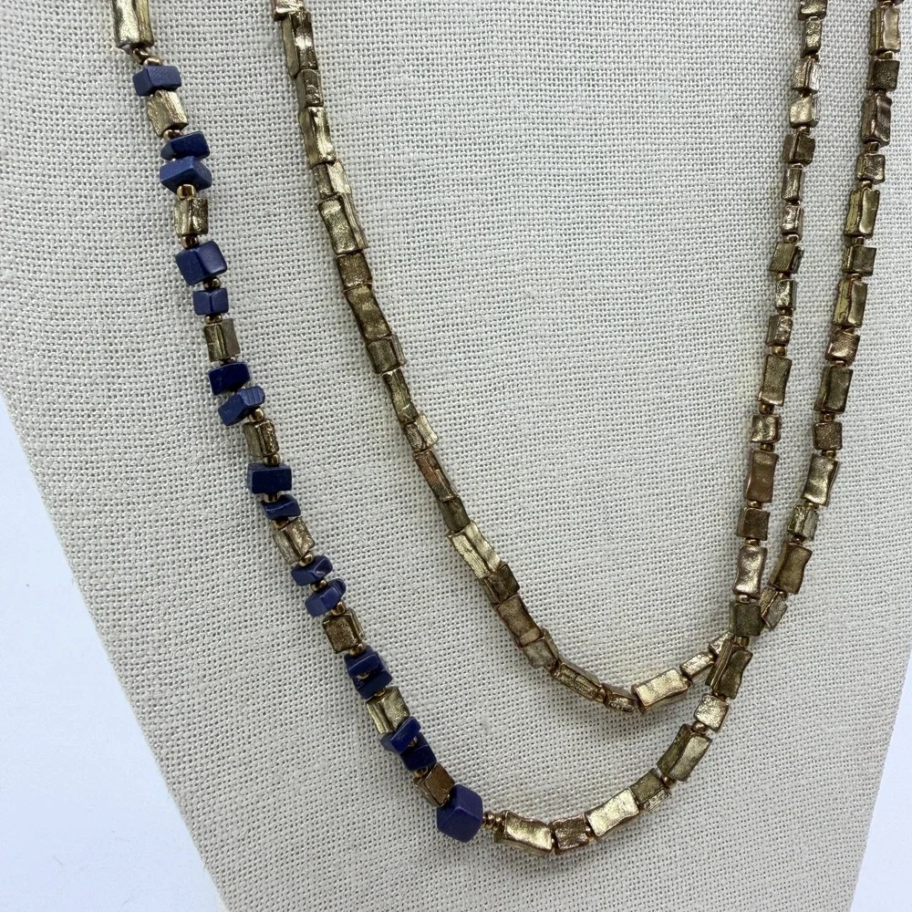 Bronze Tone Blue Chip Bead Double Strand Leather Cord Boho Statement Necklace